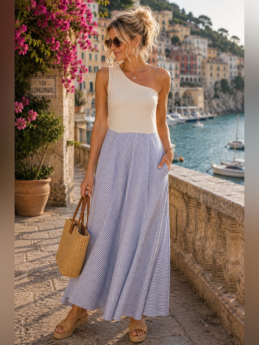 Dress Day One-Shoulder Maxi Dress | Blue & White Striped | Pockets | Size Large